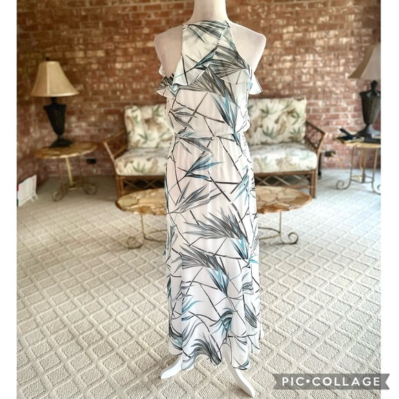 WHBM Dress Maxi White Bamboo Print Hi Low Blouson 4P Cocktail Party Chic Trendy - Picture 11 of 17